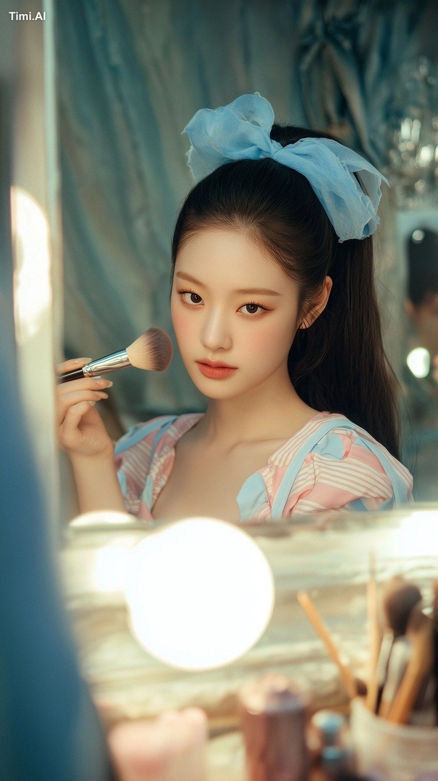 A cinematic, ethereal indoor scene at a vanity table. A beautiful Korea…