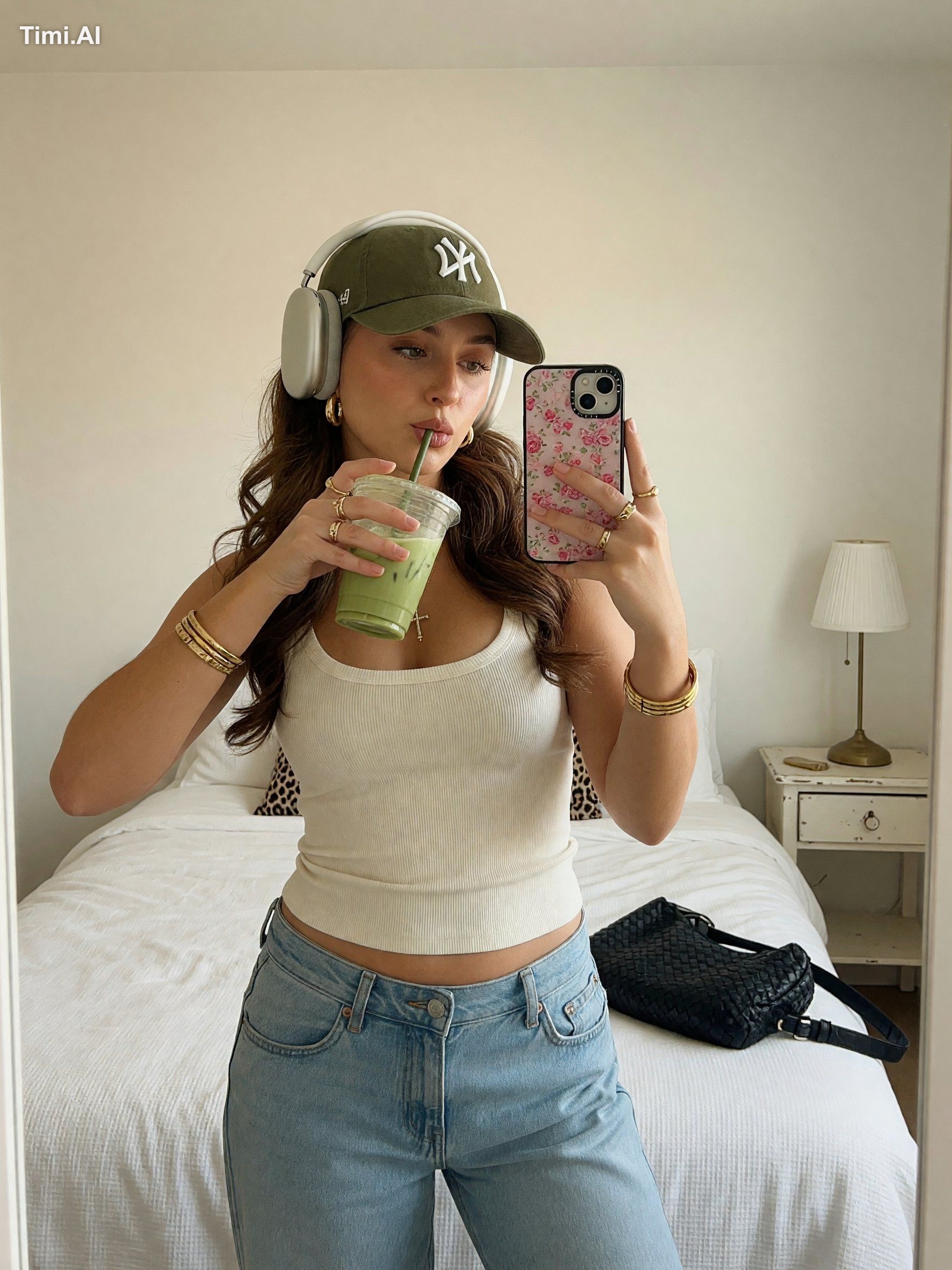 Subject & Pose: Young woman taking a mirror selfie in a bedroom, standi… 3