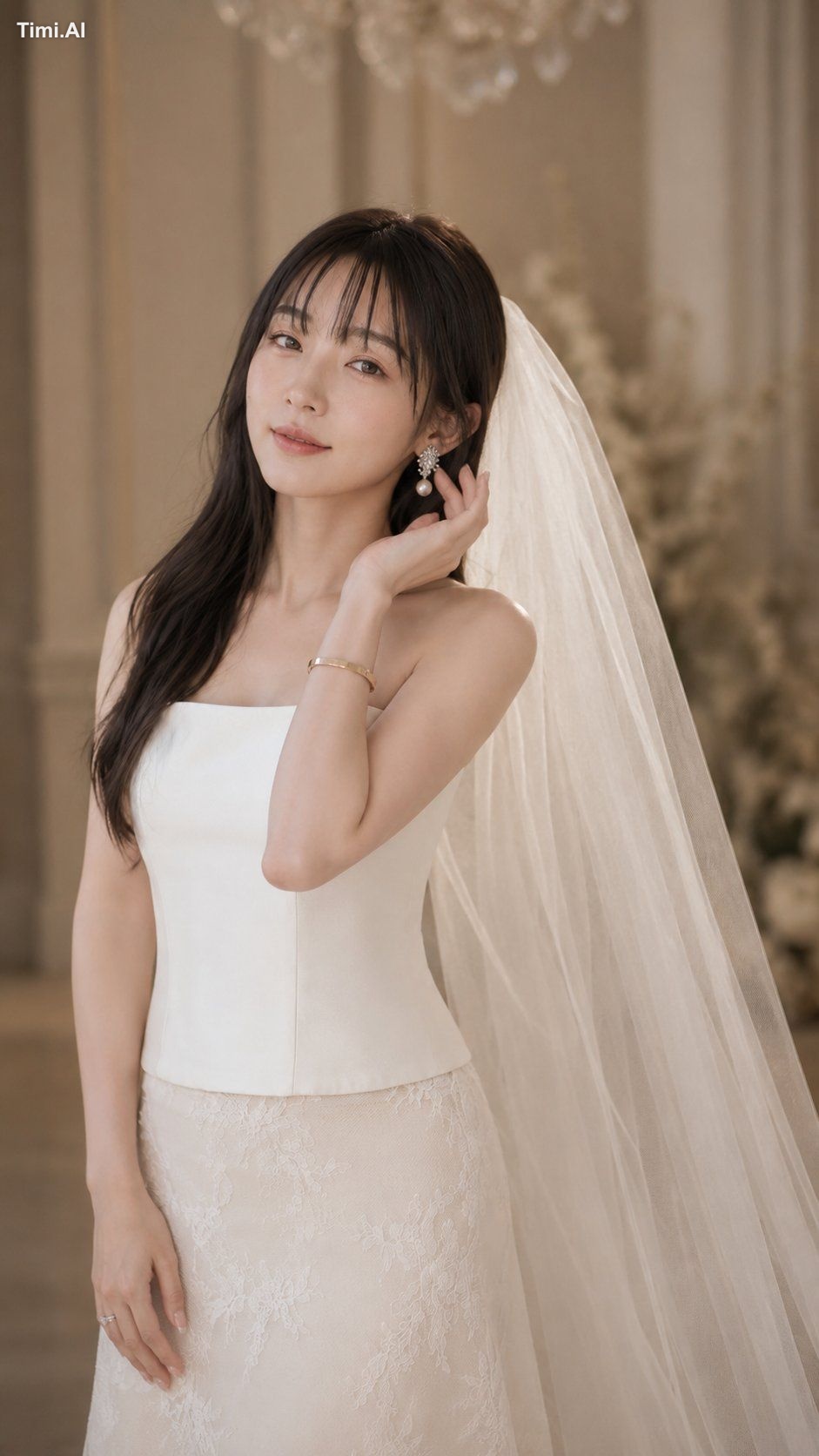 高端超写实婚纱时尚人像，优雅欧式室内，电影感16:9宽屏。新娘靠近中左位置，大腿中部至头顶取景。长款大教堂婚纱头纱宽幅延伸至画面右半侧——与左… 3