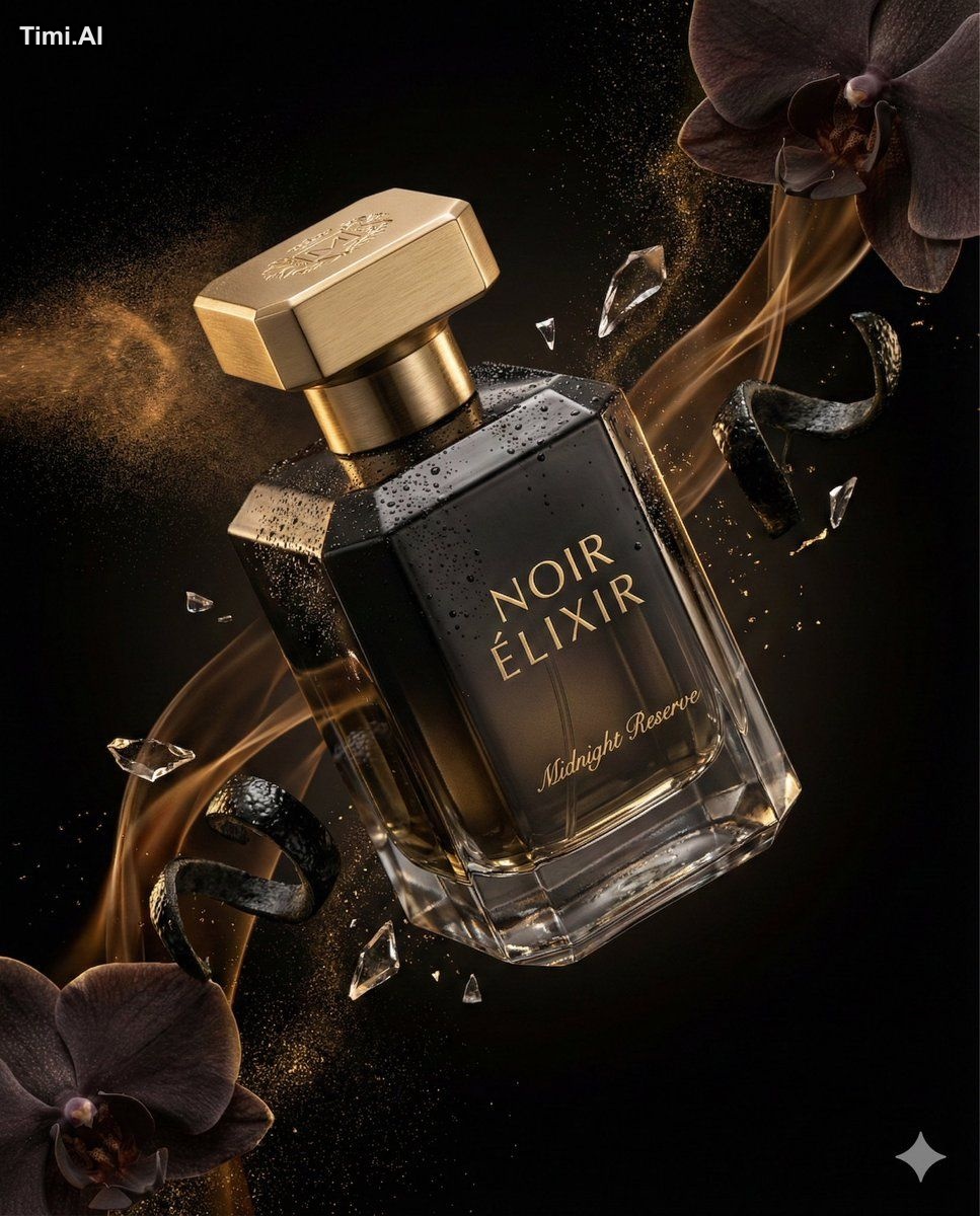 Ultra-cinematic luxury fragrance advertising photography of "NOIR ÉLIXI…