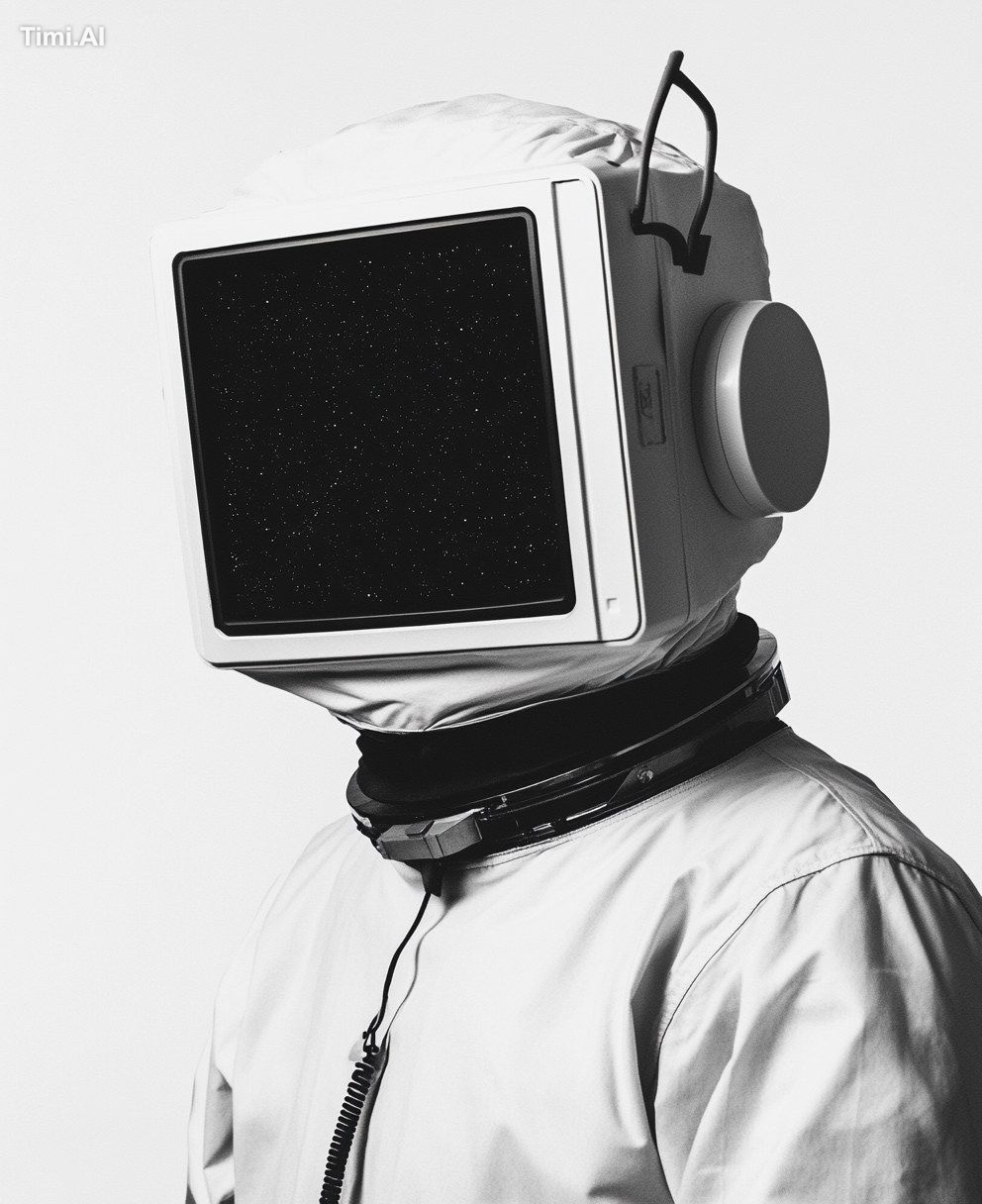 A black-and-white photo collage of an astronaut with his head covered i…