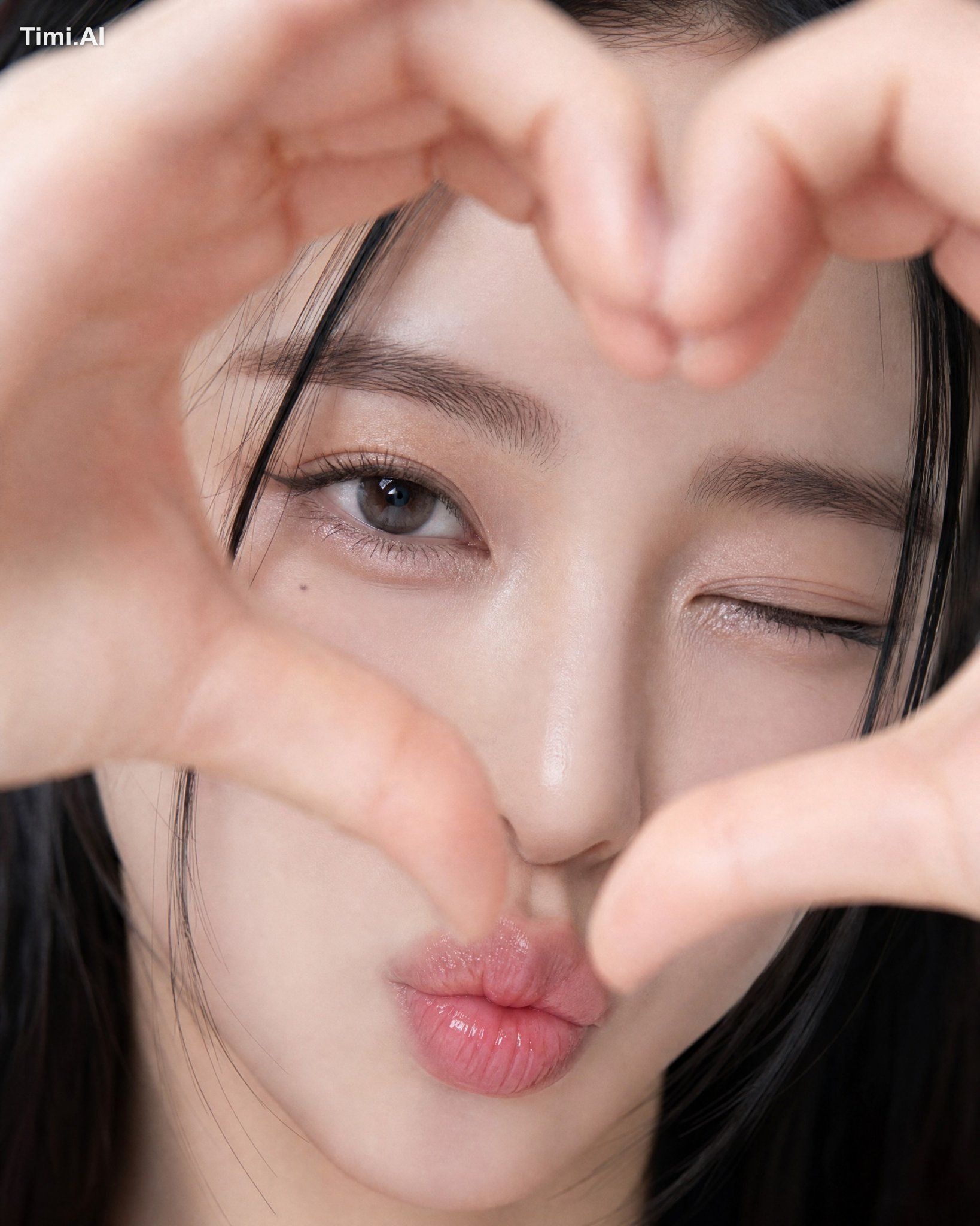 Extreme close-up vertical portrait (4:5) of an East Asian woman, playfu…