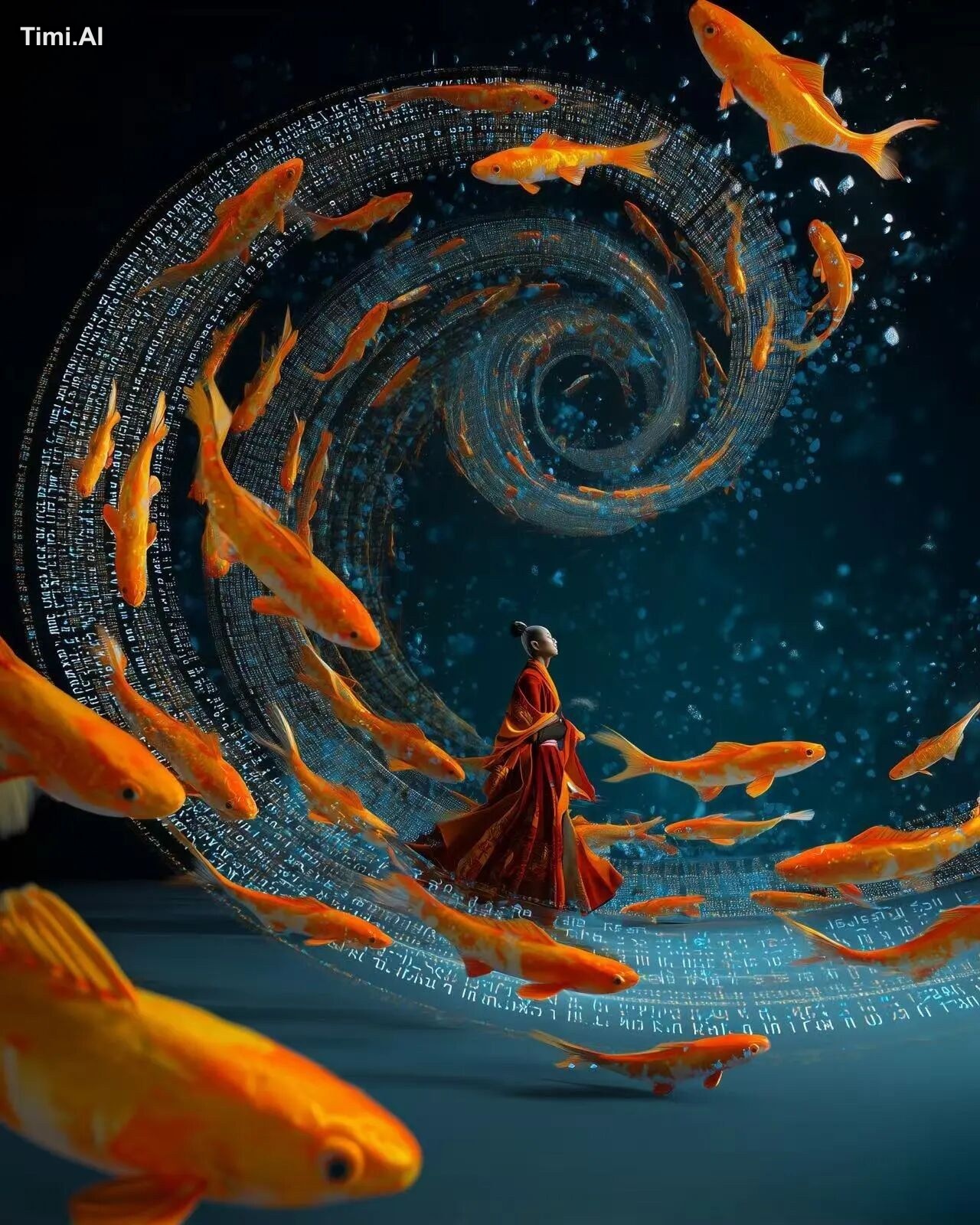 A cyber-shaman laughing as the laws of gravity invert, koi swimming thr…