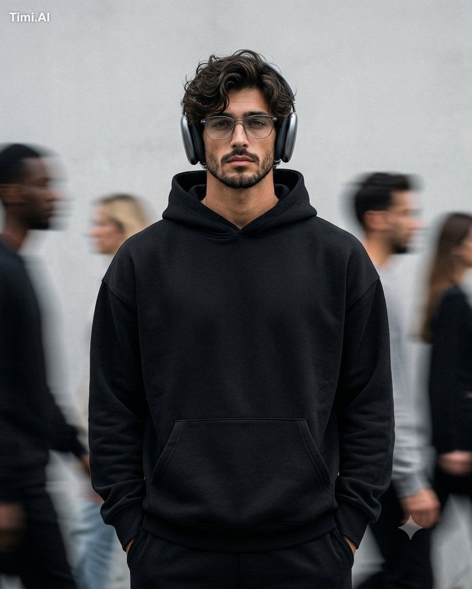 Cinematic fashion-editorial portrait of a person with messy hair, well …