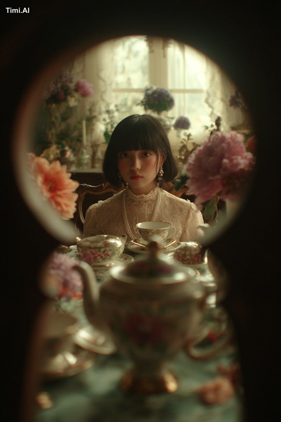 a whimsical scene viewed through a large keyhole, centered on a young g…