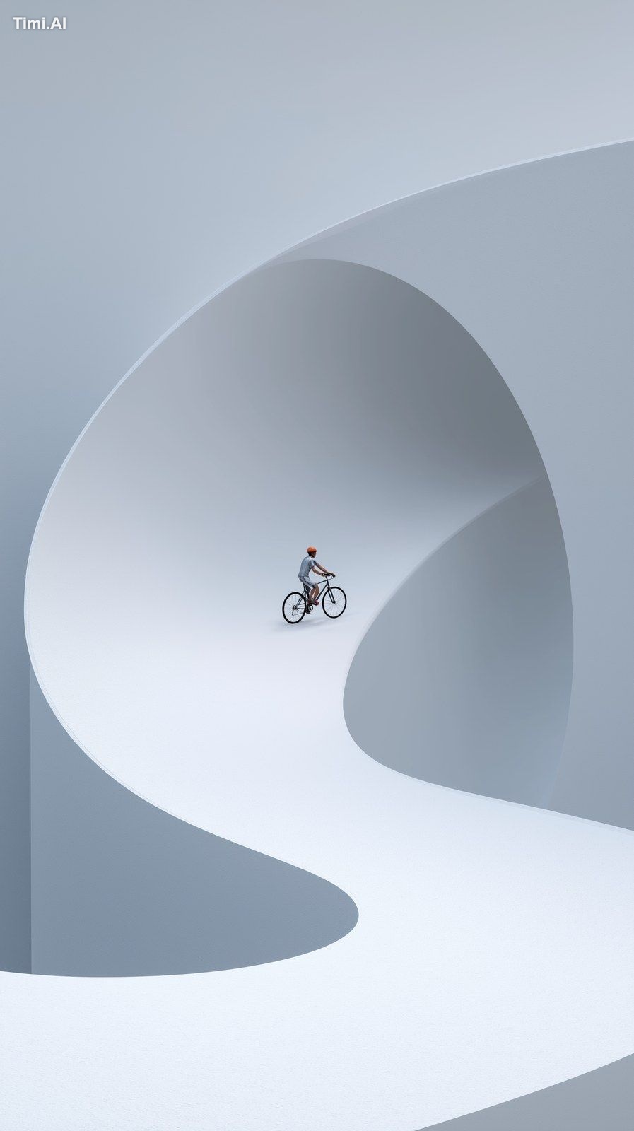 Clean, minimalist composition: A single tiny cyclist rides along a perf…