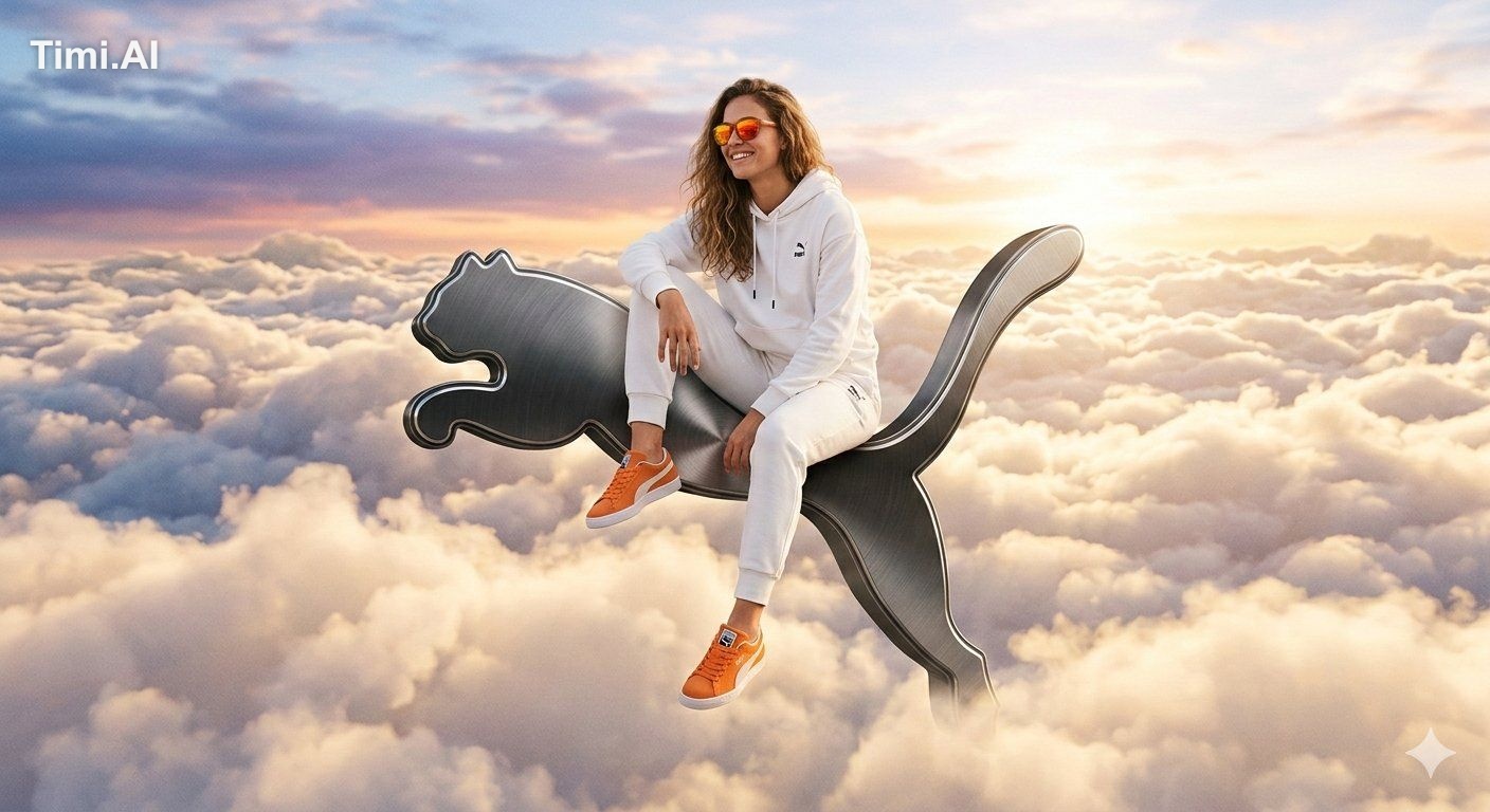 A surreal, high-fashion advertisement featuring a smiling woman with lo…