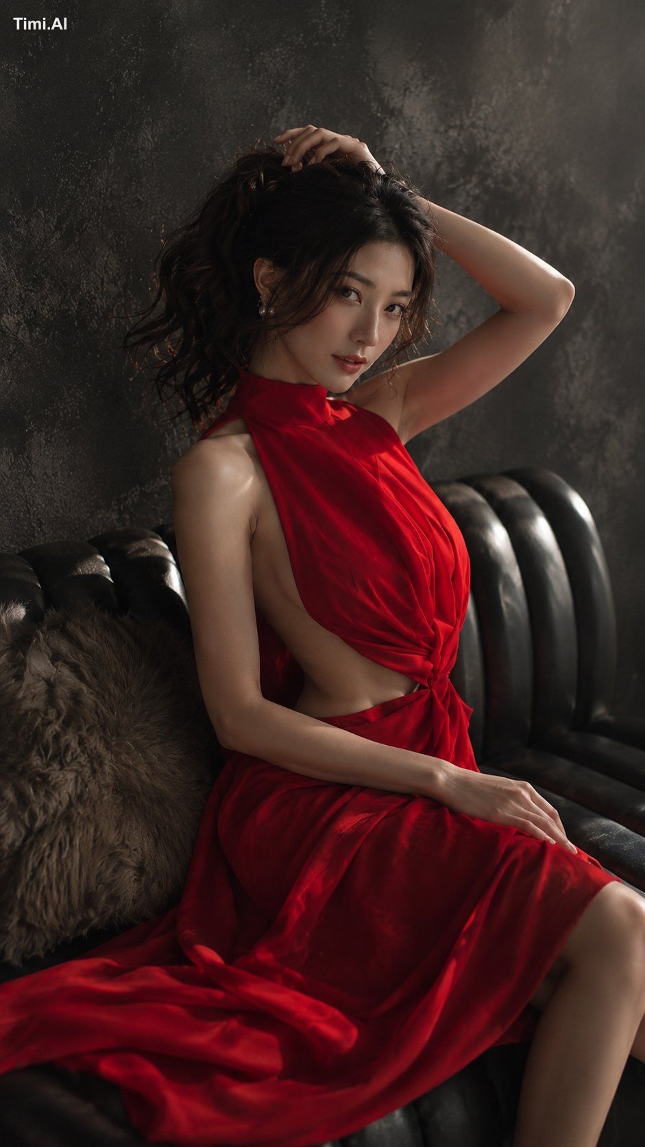写实竖幅魅力时尚写真人像，沉郁豪华休闲室场景。成年东亚女性，21岁以上，坐于深色质感炭灰色墙前的黑色皮质沙发上。略偏右，髋部至头顶，身体优雅朝…