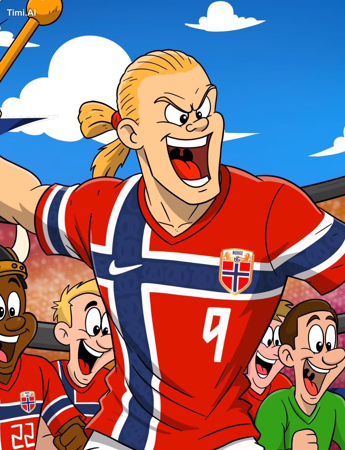A bold, high-energy 2D cartoon sports illustration in a clean European … 1