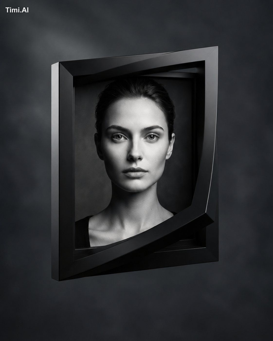 4:5 A photorealistic monochrome editorial portrait inside a matte black…