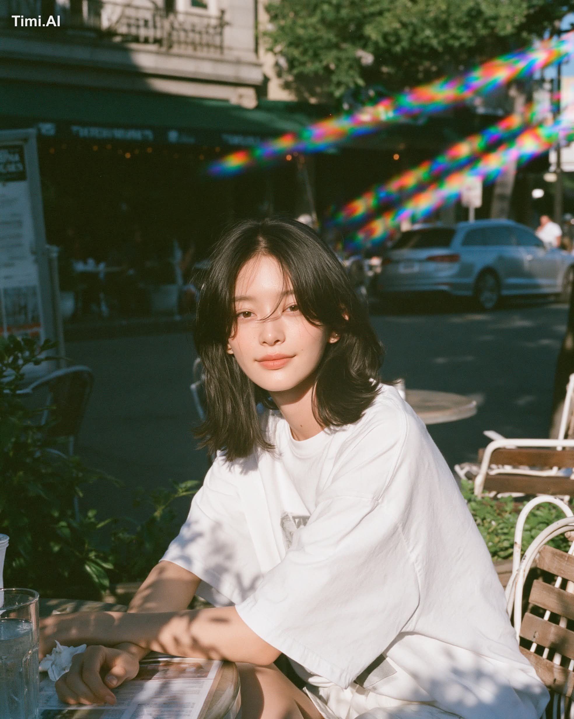 warm sunlit film portrait, young woman sitting relaxed at a small café … 1