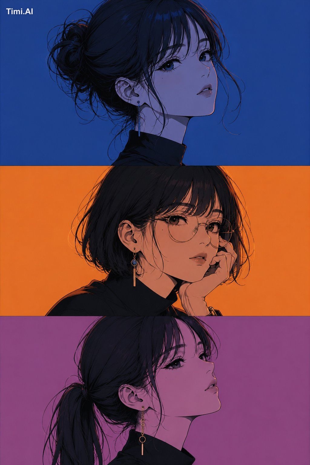 Three-panel anime/manga portrait of the same girl with an identical fac…