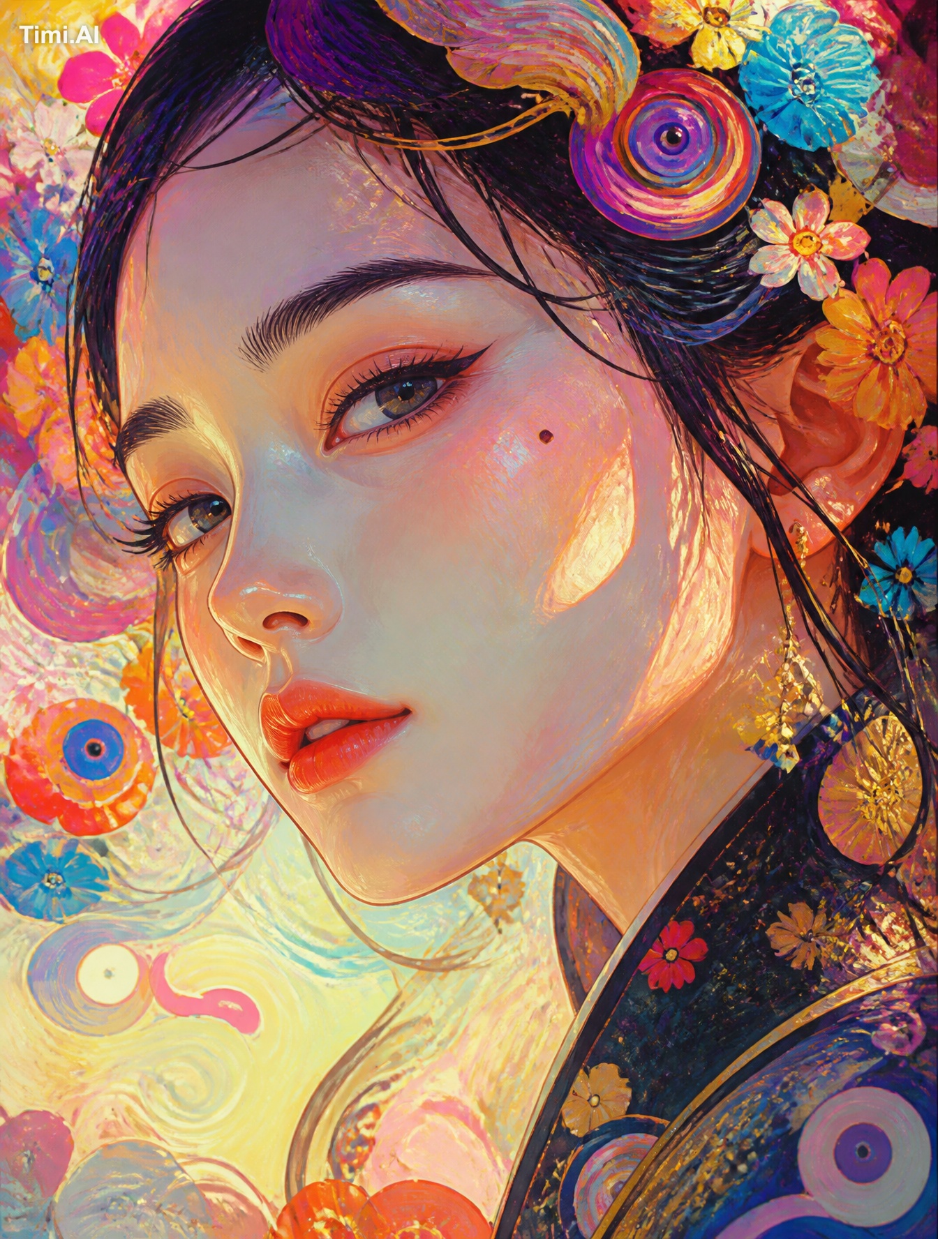 A beautiful woman in elegant attire stands within a vibrant, dreamlike …