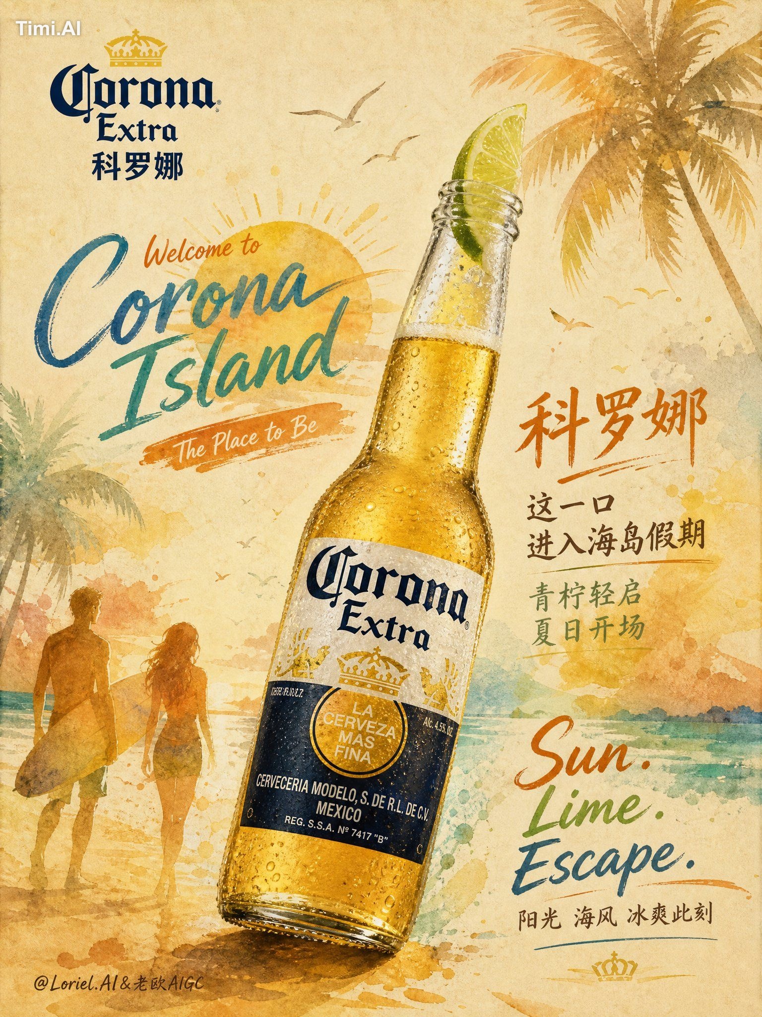 Corona branding, lime wedge, warm yellow-orange tropical dominance, rea…