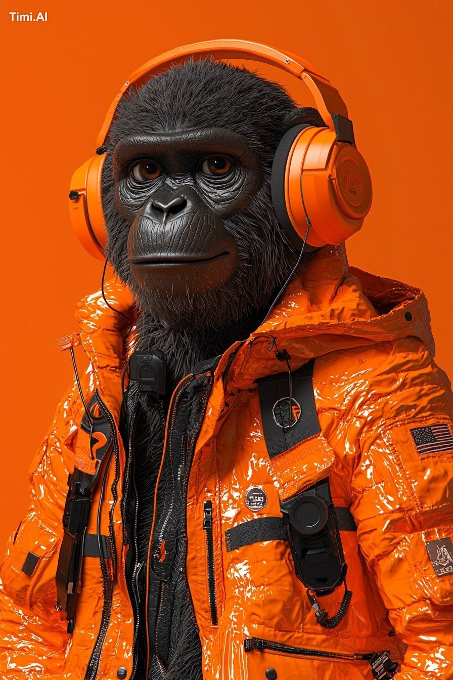 A DJ monkey wearing orange headphones and an orange jacket, with hip-ho…