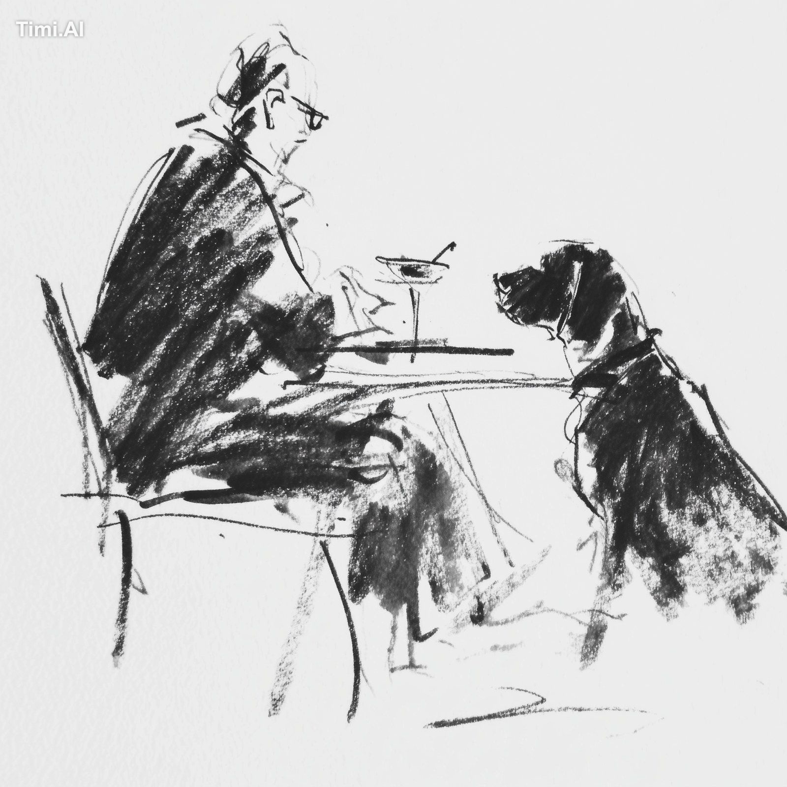 A minimalist ink pen line drawing silhouette of a man eating a sandwich…