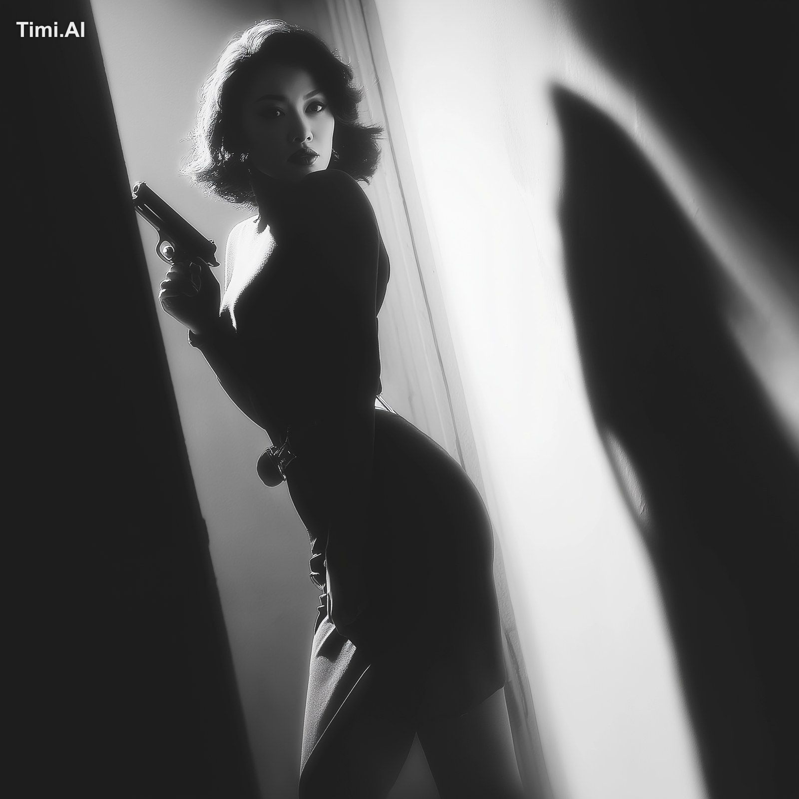 black and white, high contrast, still from noir film, cinematic, dramat…