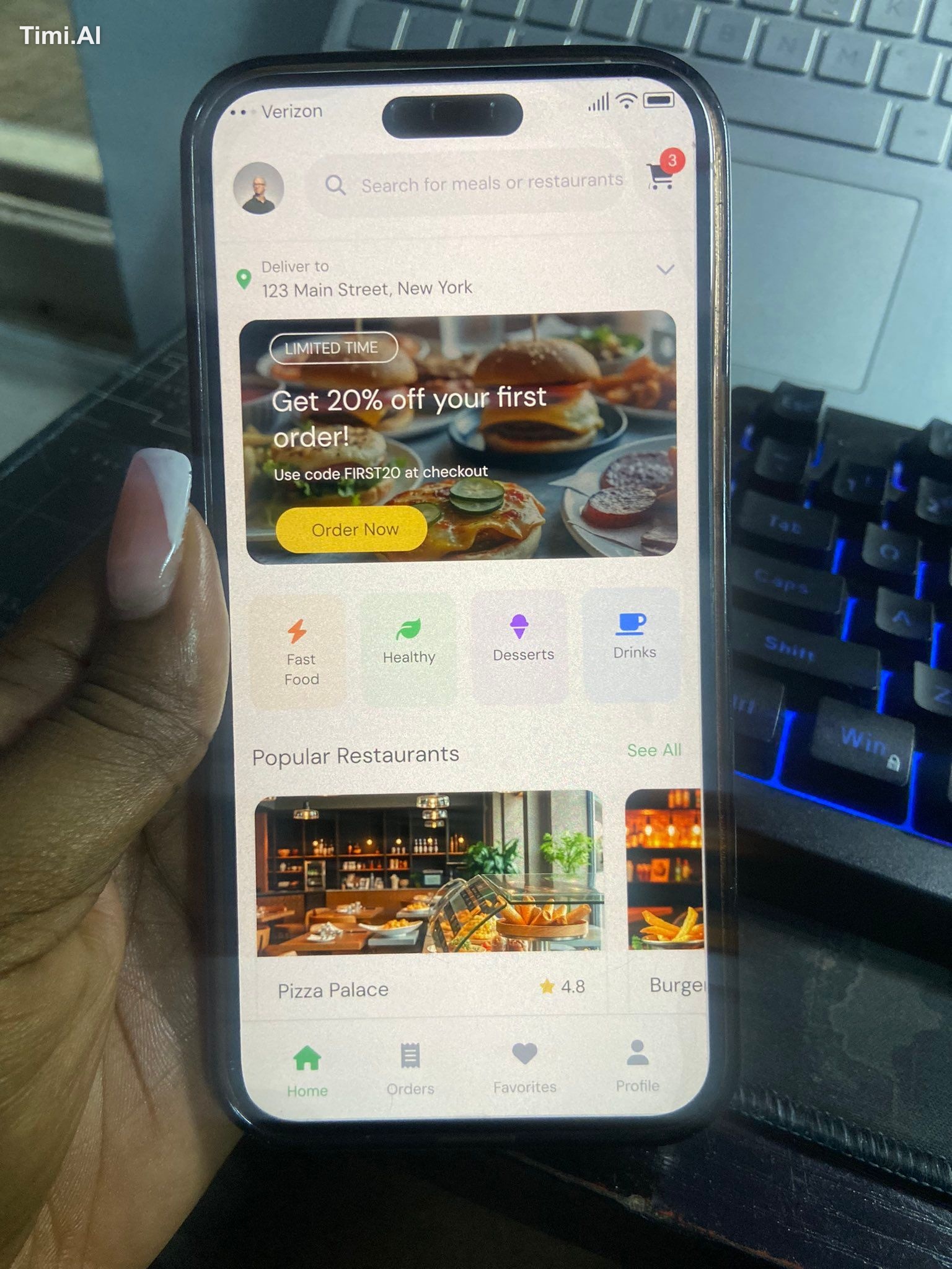 Design a Home screen for a Food Delivery App. Top bar with a search fie…