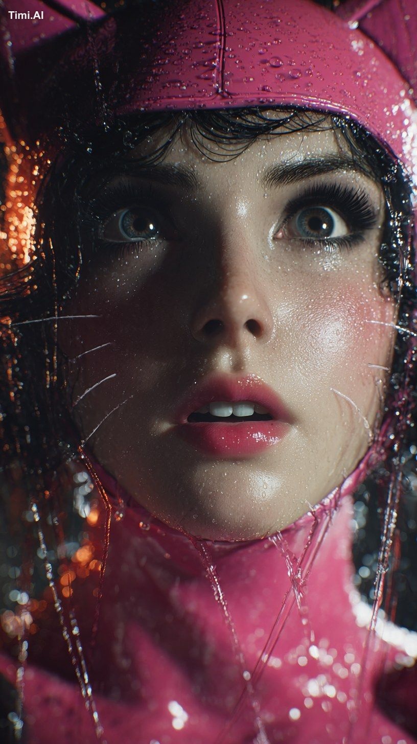 Close-up of a woman in a pink latex suit with a cat-like face, in heavy…
