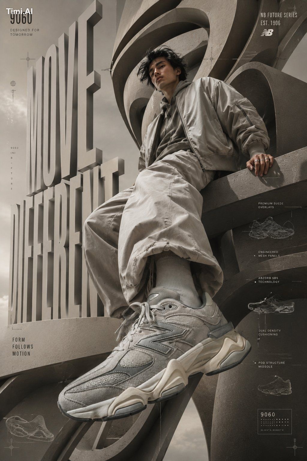 Create a hyper-realistic luxury footwear campaign poster for the New Ba…