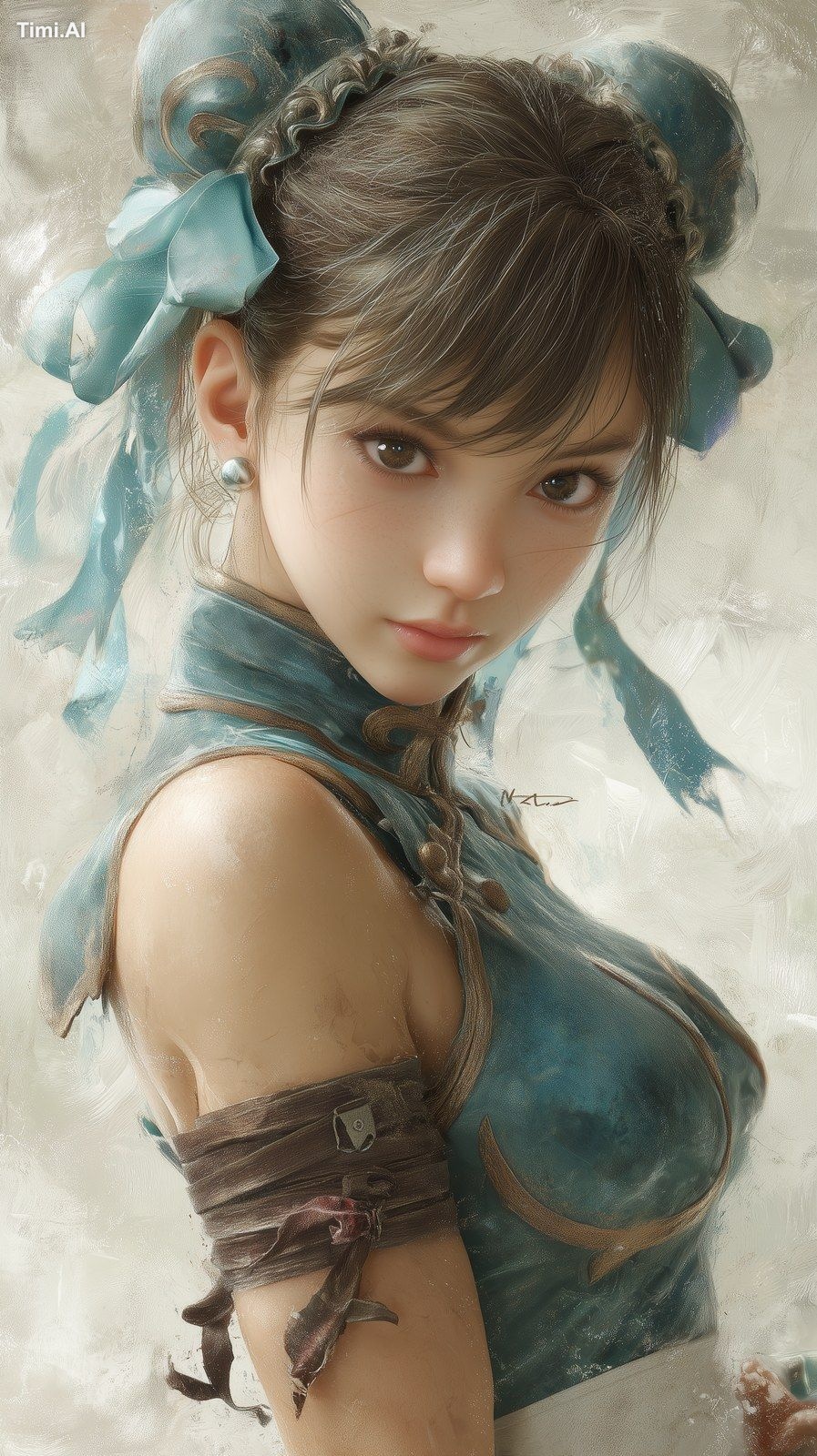 採用 Artgerm 風格的超現實主義 3D 插圖描繪了街頭霸王系列中的春麗，背景令人毛骨悚然且神秘。她的笑容淡淡的，但清晰的焦點讓鏡頭呈現出…