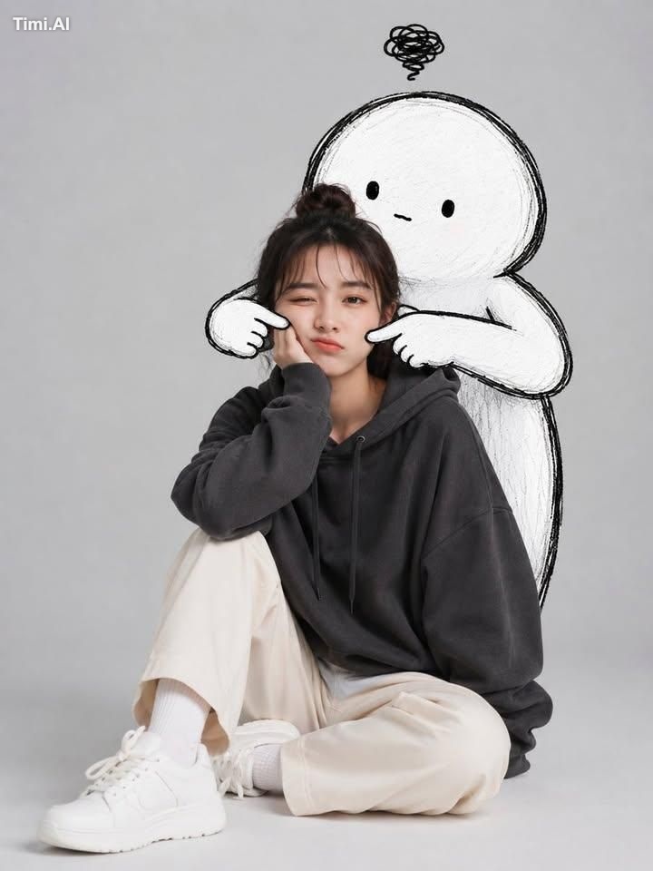 A cute minimalist portrait of a young woman sitting casually on the flo… 1