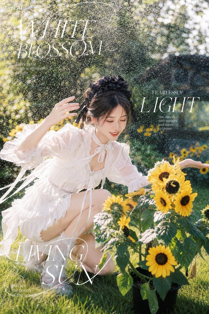 夏日花园里的唯美杂志写真海报，一位年轻成年亚洲女性，清冷淡颜，精致五官，干净自然妆容，眼神安静但有力量，黑色头发盘起，搭配黑色蝴蝶结发饰，发丝…
