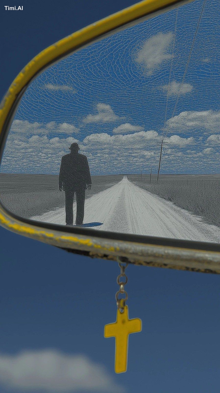 A view from inside an old car, looking out through the rearview mirror.…