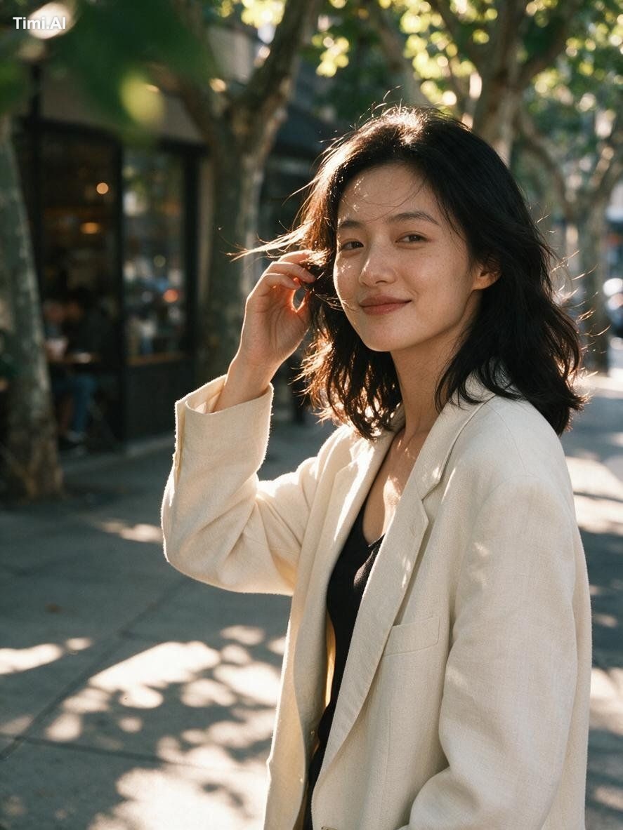 主体：一位25岁左右的中国女性，鹅蛋脸，黑色及肩微卷长发被风吹起几缕，穿米白色oversized西装外套内搭黑色吊带，锁骨清晰 动作与姿态：走… 1