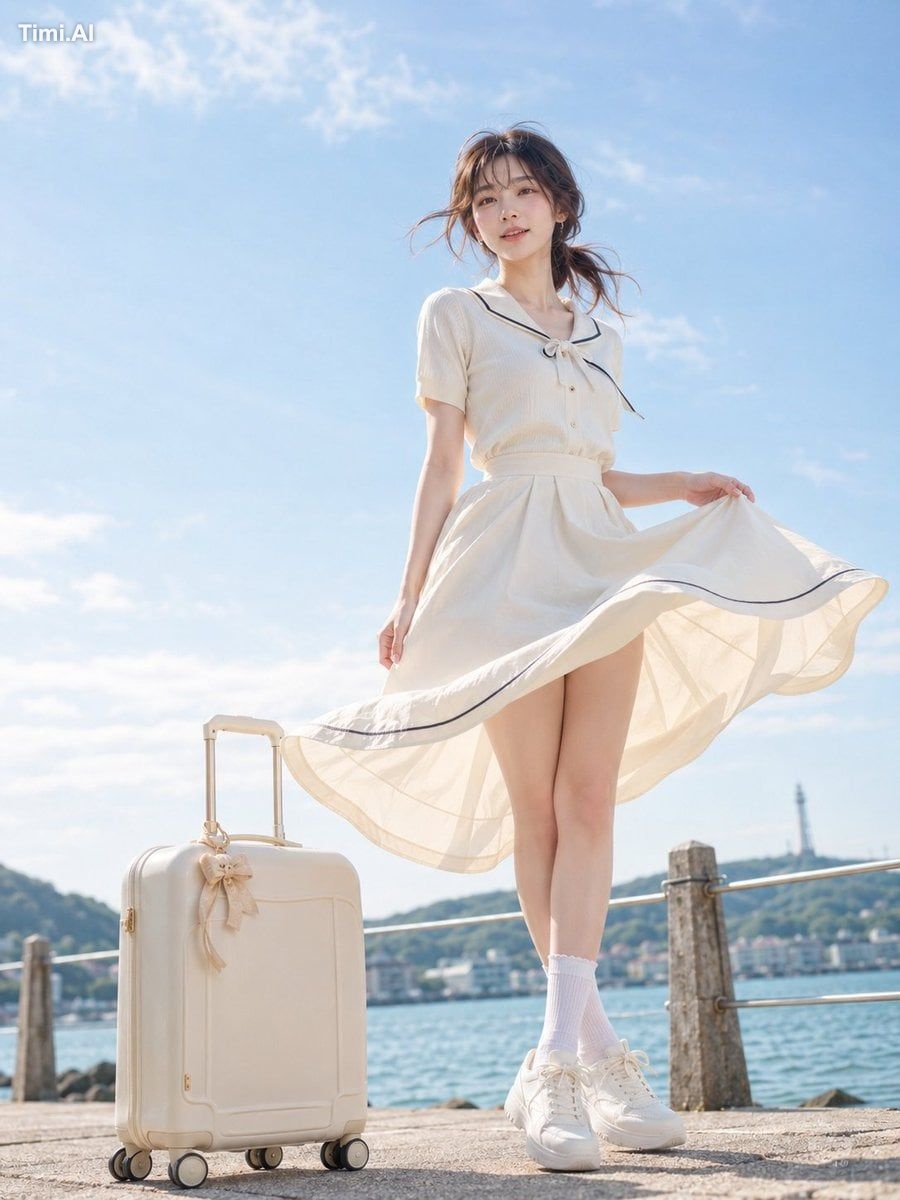 主題： 海風の旅 人物・表情： 20代女性。自然で成熟した日本女性らしい雰囲気。黒茶色の髪を低めのゆるいサイドポニーにまとめ、空気感のある薄め…