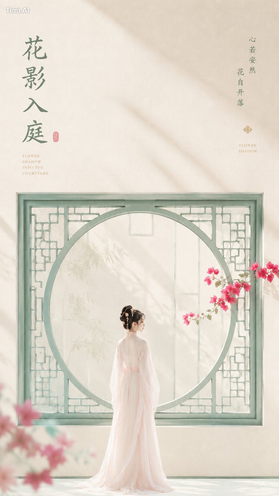 主题方向：东方禅意极简海报 风格分支：女性审美新中式型 主体内容：一位站在花窗前的古风女子，姿态安静含蓄 情绪母题：雅致、柔美、轻奢感 场景与…