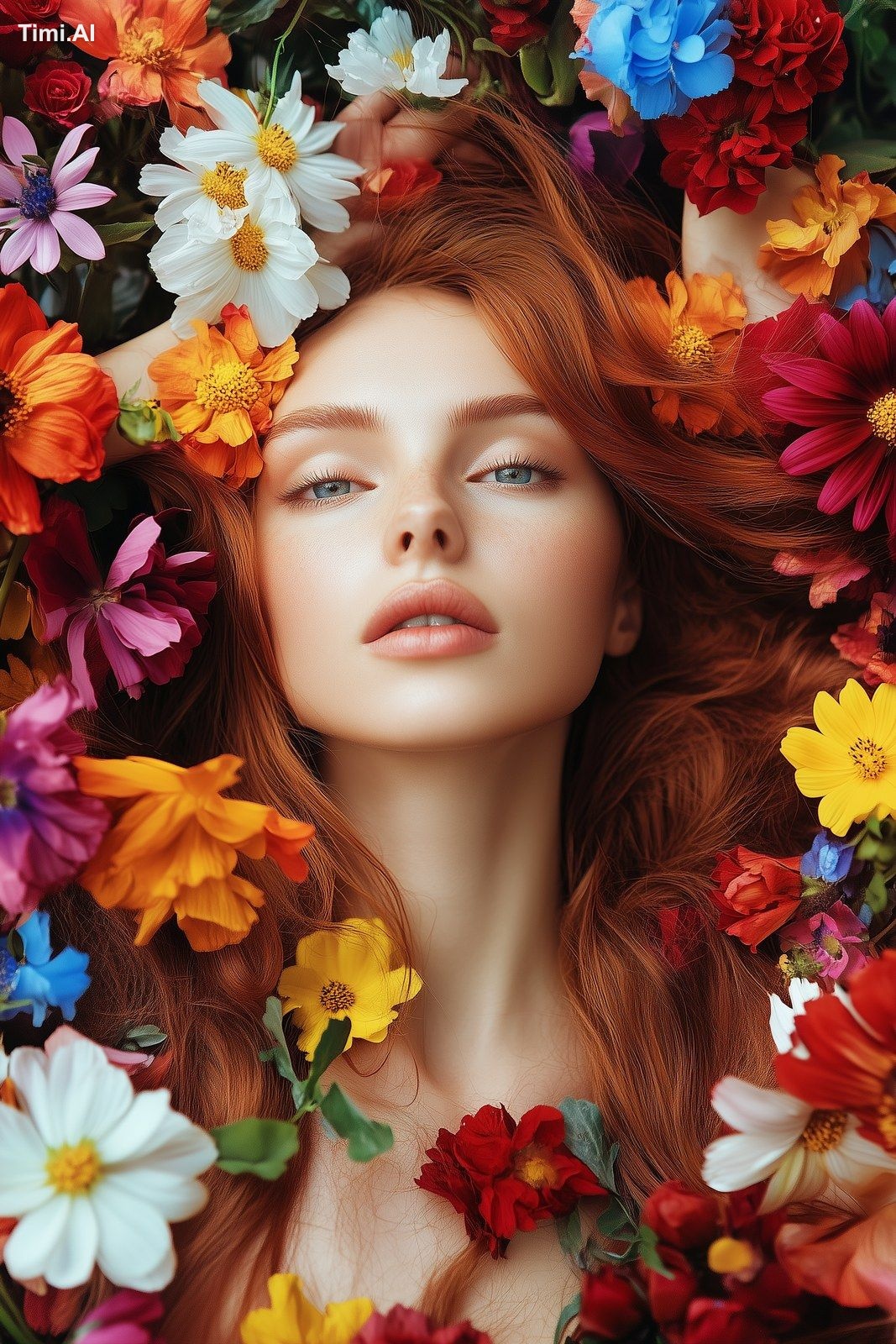 Create a realistic photo of a woman surounden by colorfull flowers --ar…