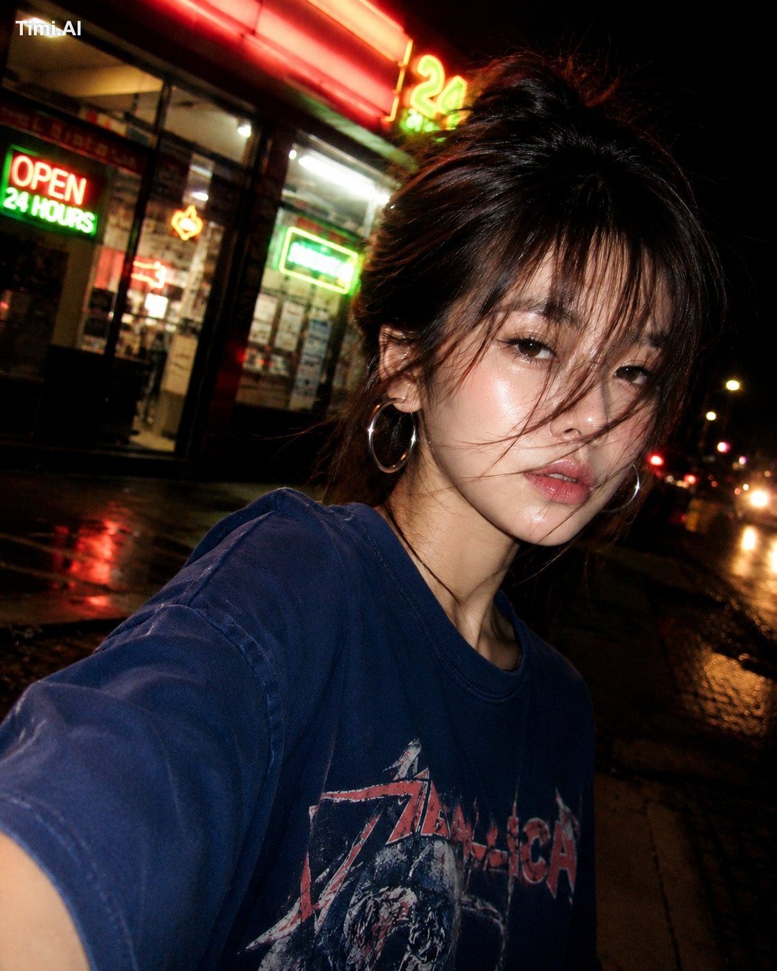 Create an ultra-realistic nighttime street selfie of a beautiful young … 1