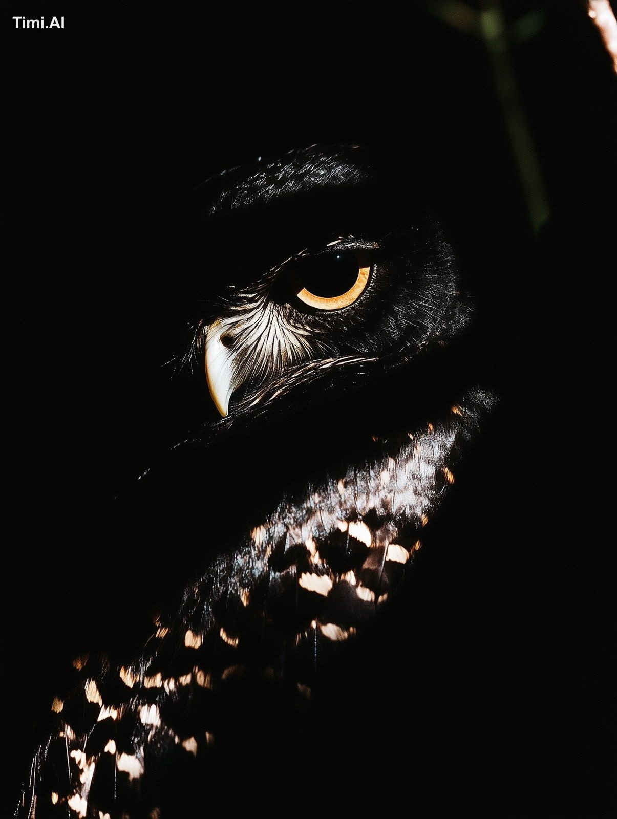 photograph of an owl in flight, against a dark background, with high co…