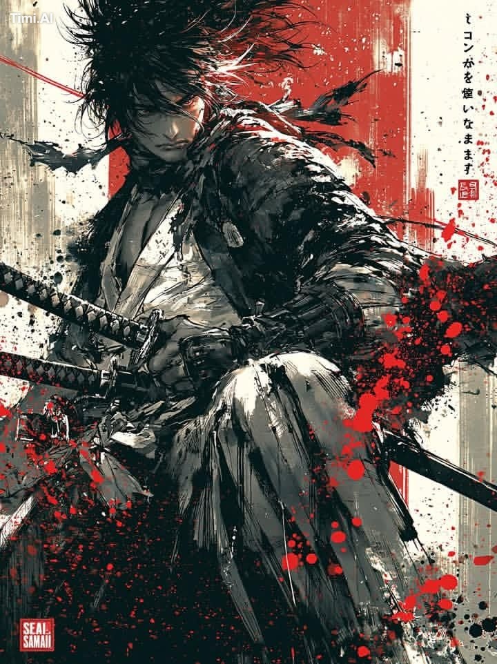 A lone samurai warrior in dynamic battle pose, messy spiky black hair p… 1