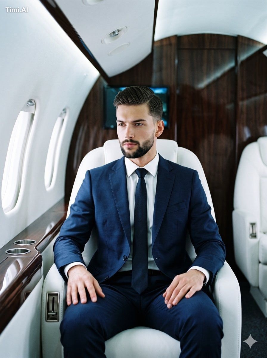 A young male dressed in a sharply tailored navy blue suit with crisp wh…