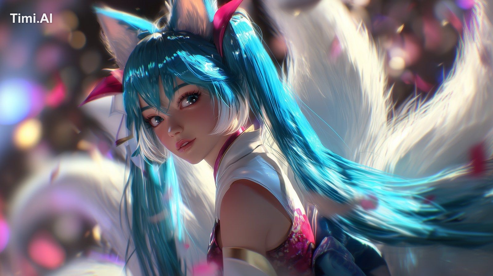 half body splash art of Hatsune Miku portrayed as Ahri (League of Legen…