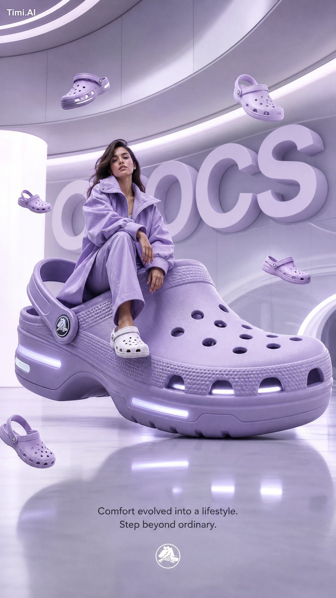 A futuristic high-fashion advertising poster for Crocs, blending luxury… 1