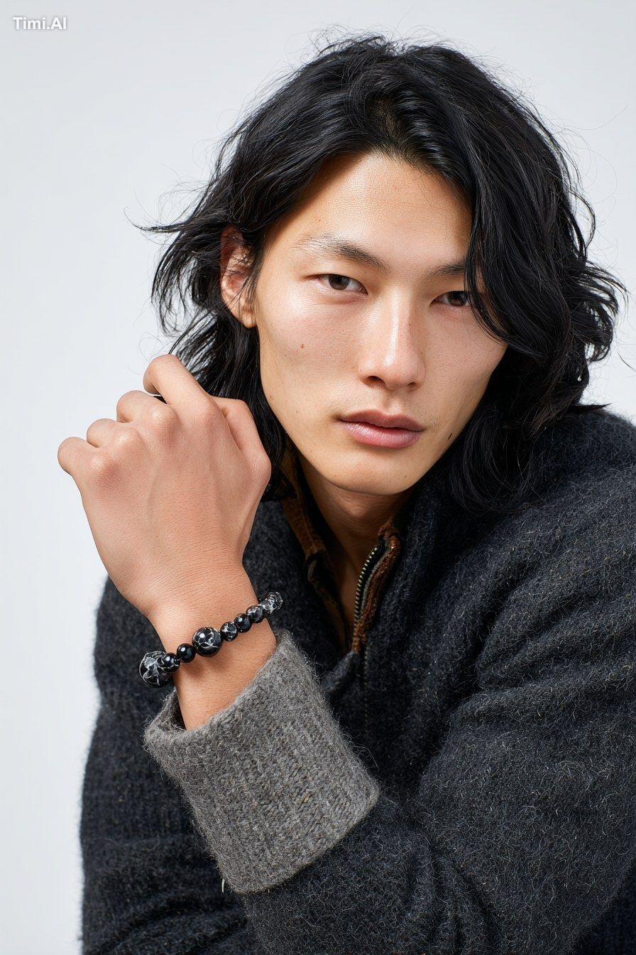 A black-haired Asian Japanese fashion male model ,Wearing winter clothe…