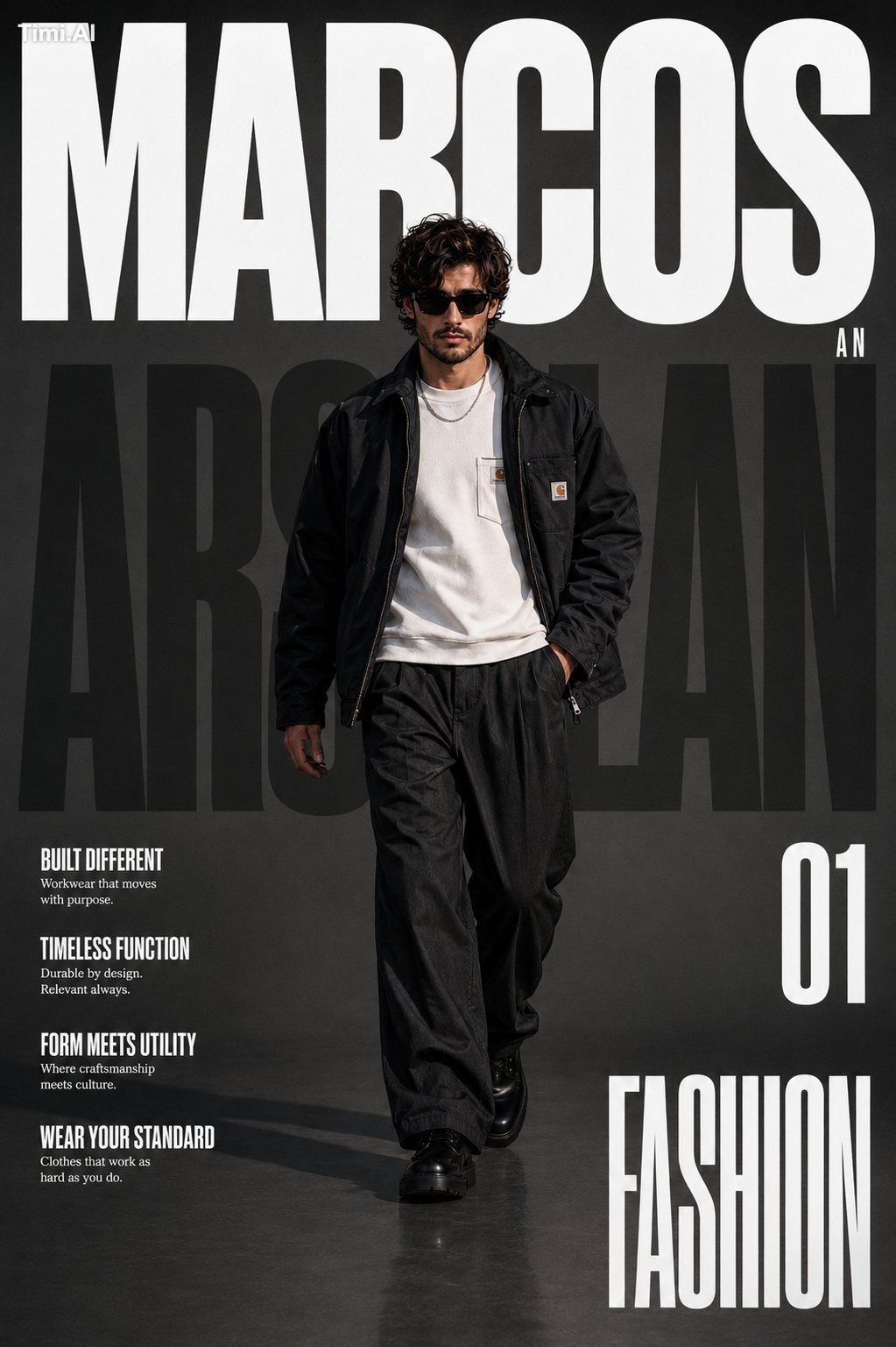 Create a premium high-fashion workwear magazine cover in a vertical 4:5…