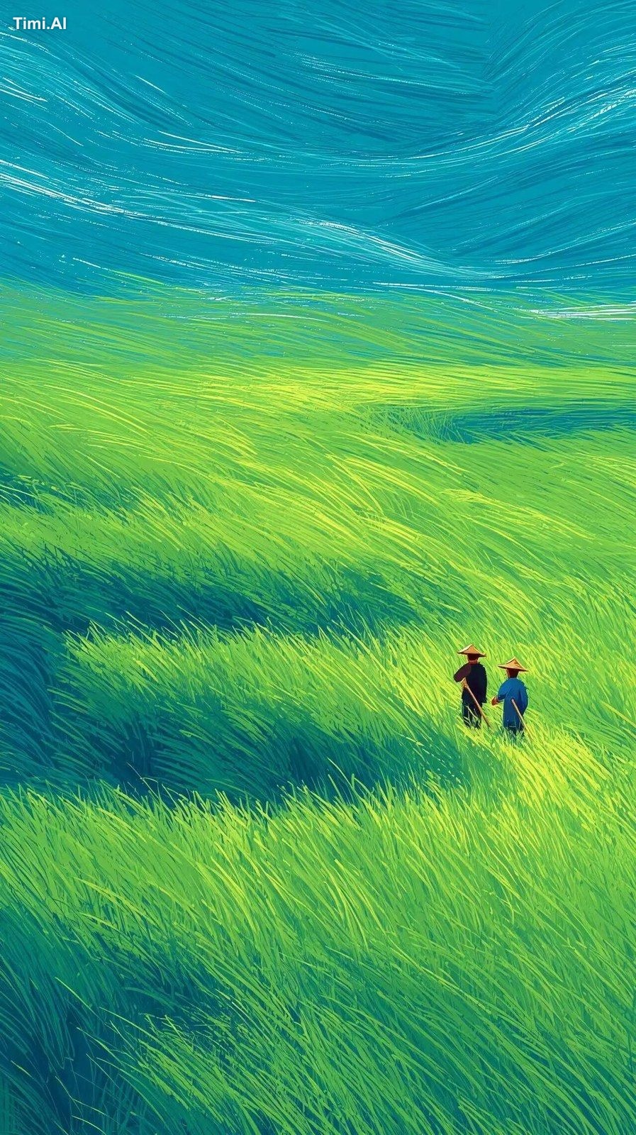 Poster design, top view, two Chinese farmers working in a green wheat f…