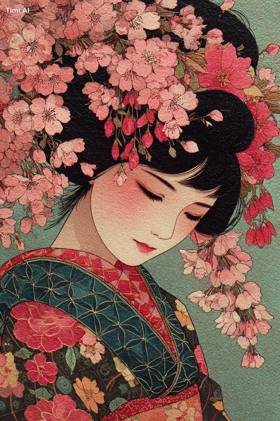 Ukiyo-e portrait of geisha under cherry blossoms, Katsushika Hokusai wo…