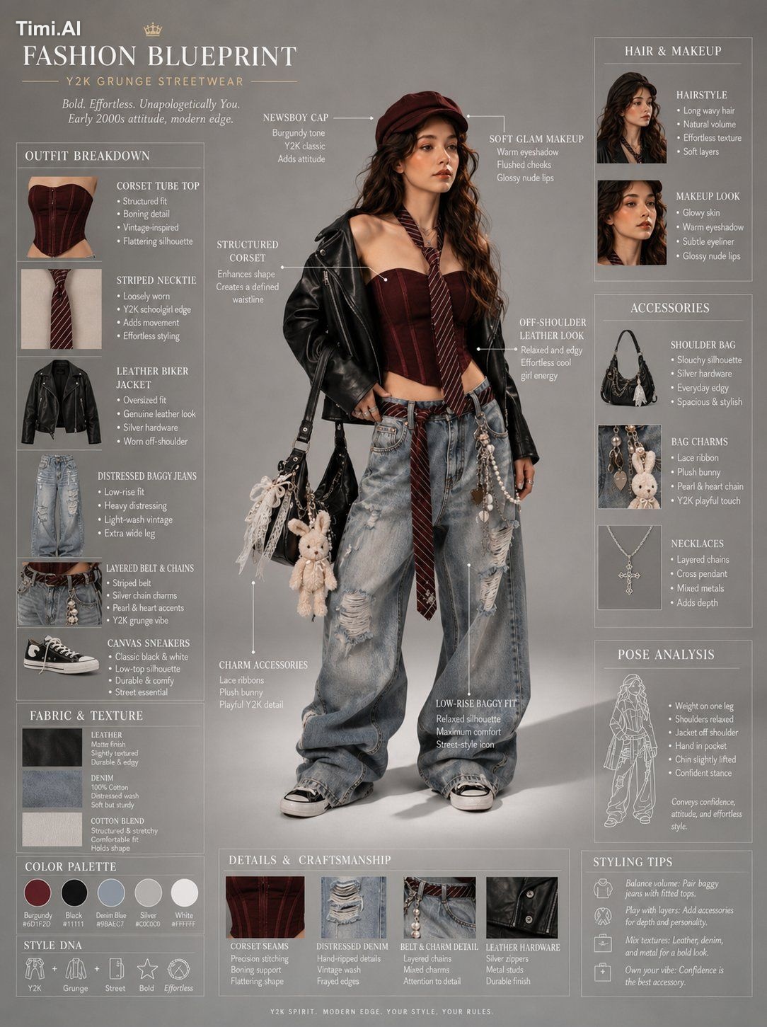 [Reference Image] Fashion blueprint sheet of a trendy young woman in Y2…