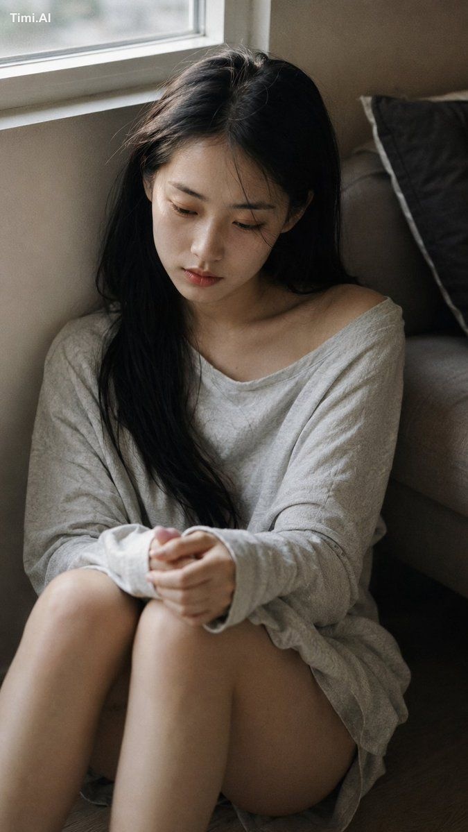 Close-up portrait, 85mm f/1.4, a young East Asian woman in her early 20…