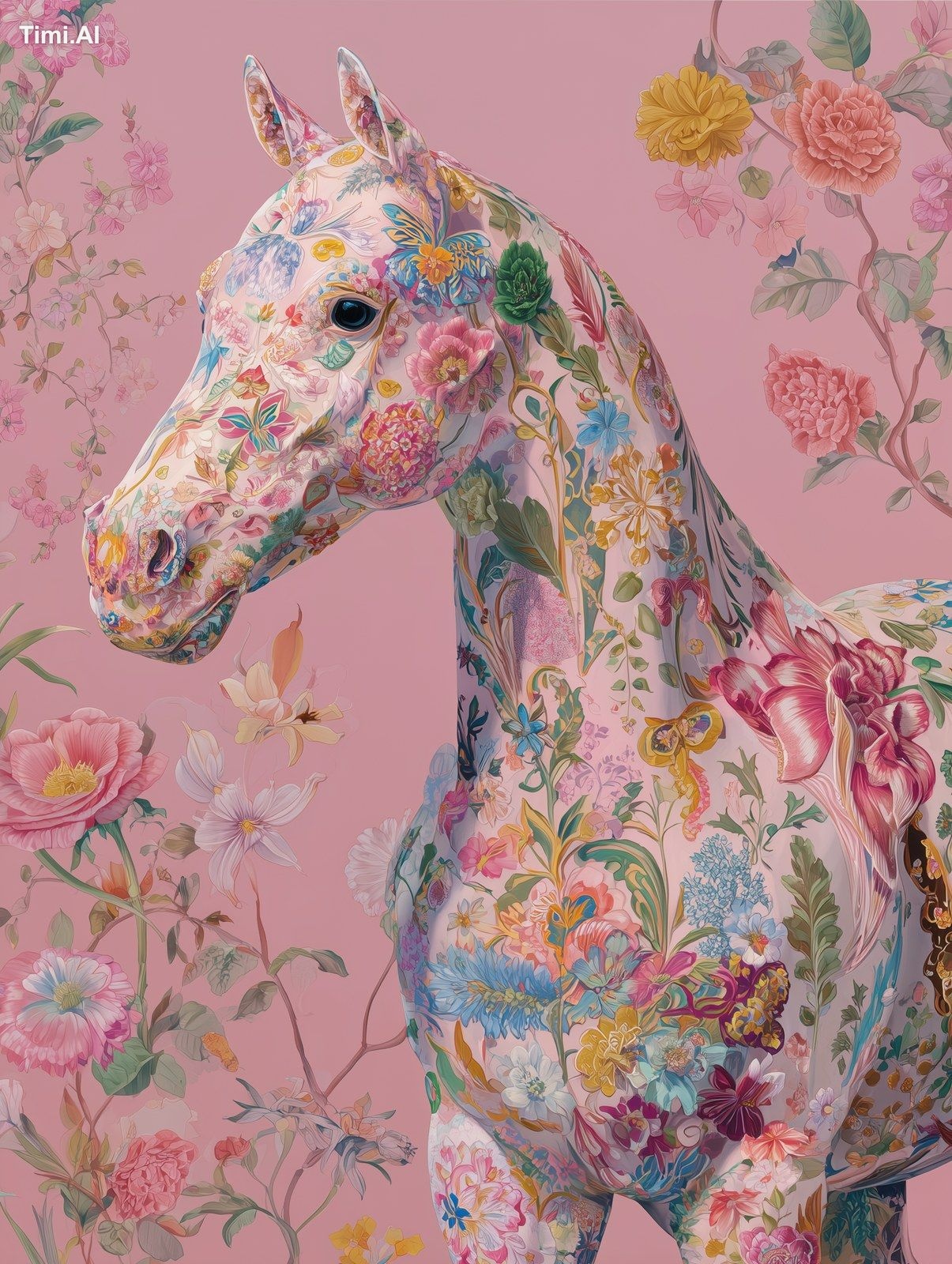 Floral horse, pink background, in the style of Takashi Murakami and Pet…