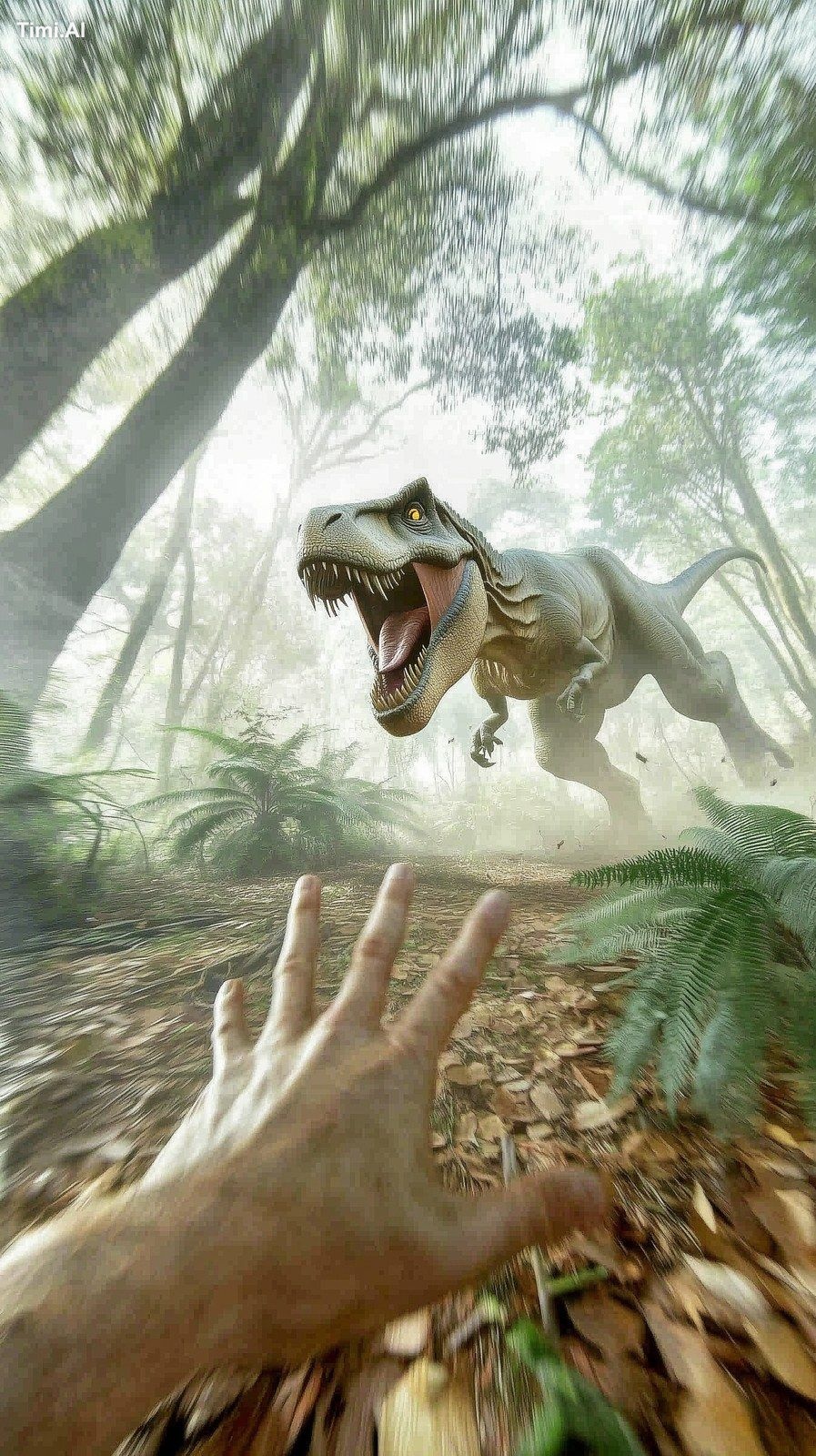 First-person view of a frantic escape through a dense prehistoric jungl…