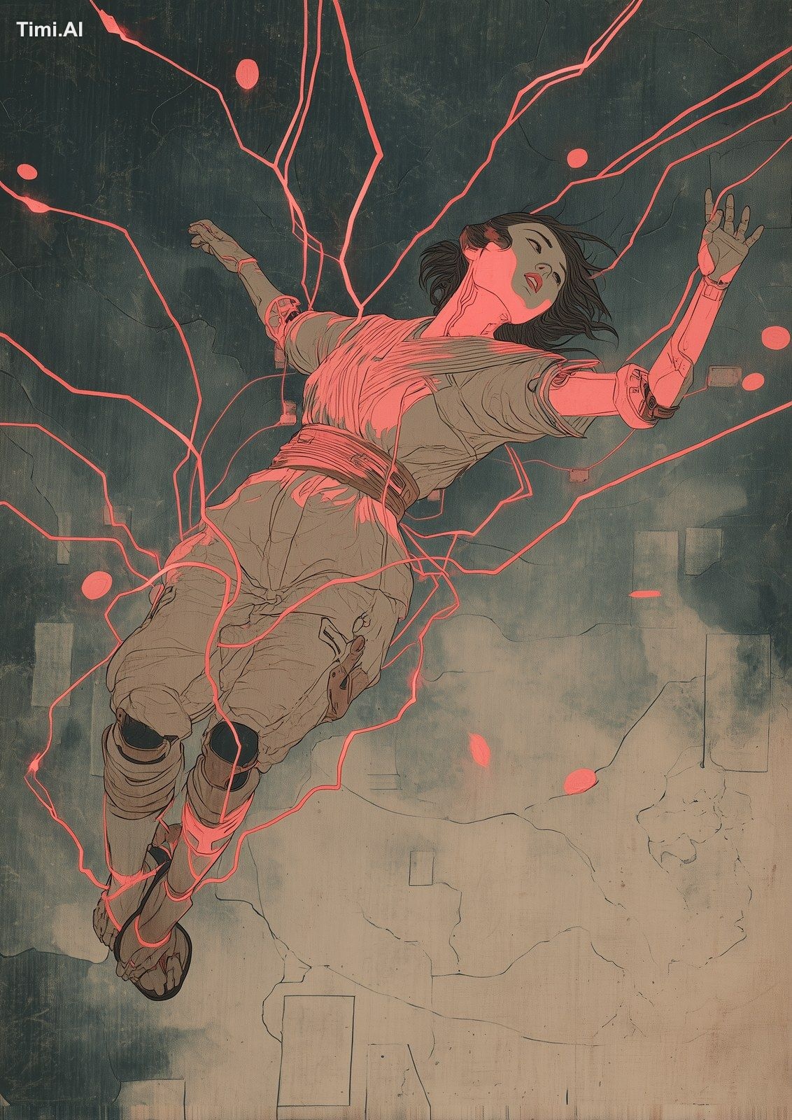 japanese woman floating in the air falling down, half cyborg, soft pink…