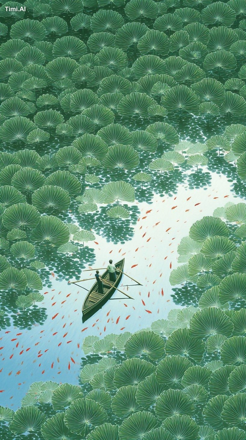 A painting depicting an overhead view of a pond covered with lush green…