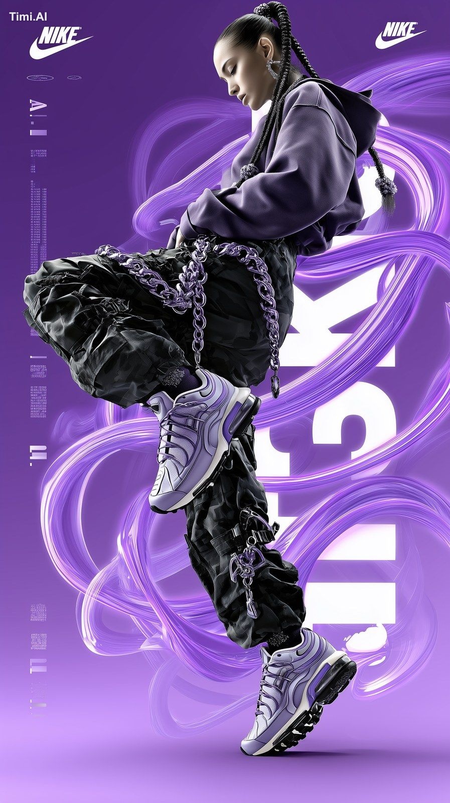 A dynamic fashion advertisement for Nike Air featuring a young female m…