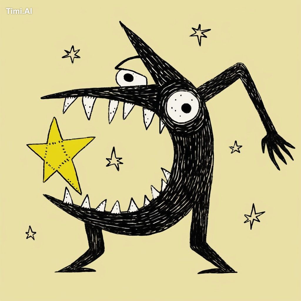 badly drawn,ugly crass drawing of a creature like star and moon,yellow …
